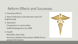 Reform Effects and Successes
1. Housing reforms
2. New Professions (city planners and civil
engineering)
3. Education
◦ Compulsory in some states
◦ 4,000 kindergartens by 1898
4. Health
◦ Mortality rates drop
◦ American Medical Association (AMA) forms,
spread information
 