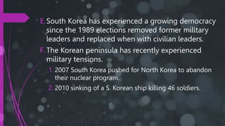 E.South Korea has experienced a growing democracy
since the 1989 elections removed former military
leaders and replaced when with civilian leaders.
F.The Korean peninsula has recently experienced
military tensions.
1. 2007 South Korea pushed for North Korea to abandon
their nuclear program.
2. 2010 sinking of a S. Korean ship killing 46 soldiers.
 