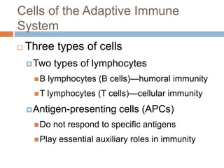 Cells of the Adaptive Immune
System
 Three types of cells
Two types of lymphocytes
B lymphocytes (B cells)—humoral immunity
T lymphocytes (T cells)—cellular immunity
Antigen-presenting cells (APCs)
Do not respond to specific antigens
Play essential auxiliary roles in immunity
 