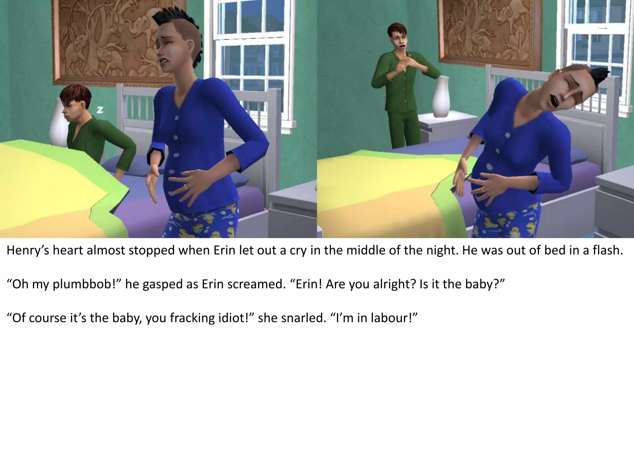 Henry’s heart almost stopped when Erin let out a cry in the middle of the night. He was out of bed in a flash.“Oh my plumbbob!” he gasped as Erin screamed. “Erin! Are you alright? Is it the baby?”“Of course it’s the baby, you fracking idiot!” she snarled. “I’m in labour!”