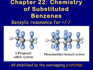 Chapter 22: ChemistryChapter 22: Chemistry
of Substitutedof Substituted
BenzenesBenzenes
Benzylic resonance forBenzylic resonance for ++//..
//--
All stabilized by the overlappingAll stabilized by the overlapping pp orbitalsorbitals
 