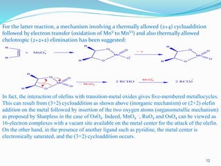 For the latter reaction, a mechanism involving a thermally allowed (2+4) cycloaddition
followed by electron transfer (oxidation of MnV to MnVI) and also thermally allowed
chelotropic (2+2+2) elimination has been suggested:
In fact, the interaction of olefins with transition-metal oxides gives five-membered metallocycles.
This can result from (3+2) cycloaddition as shown above (inorganic mechanism) or (2+2) olefin
addition on the metal followed by insertion of the two oxygen atoms (organometallic mechanism)
as proposed by Sharpless in the case of OsO4. Indeed, MnO4
–, RuO4 and OsO4 can be viewed as
16-electron complexes with a vacant site available on the metal center for the attack of the olefin.
On the other hand, in the presence of another ligand such as pyridine, the metal center is
electronically saturated, and the (3+2) cycloaddition occurs.
12
 