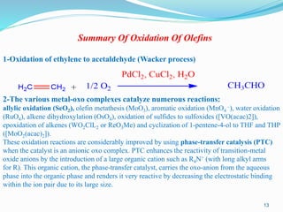 Summary Of Oxidation Of Olefins
1-Oxidation of ethylene to acetaldehyde (Wacker process)
2-The various metal-oxo complexes catalyze numerous reactions:
allylic oxidation (SeO2), olefin metathesis (MoO3), aromatic oxidation (MnO4
–), water oxidation
(RuO4), alkene dihydroxylation (OsO4), oxidation of sulfides to sulfoxides ([VO(acac)2]),
epoxidation of alkenes (WO2ClL2 or ReO3Me) and cyclization of 1-pentene-4-ol to THF and THP
([MoO2(acac)2]).
These oxidation reactions are considerably improved by using phase-transfer catalysis (PTC)
when the catalyst is an anionic oxo complex. PTC enhances the reactivity of transition-metal
oxide anions by the introduction of a large organic cation such as R4N+ (with long alkyl arms
for R). This organic cation, the phase-transfer catalyst, carries the oxo-anion from the aqueous
phase into the organic phase and renders it very reactive by decreasing the electrostatic binding
within the ion pair due to its large size.
13
 