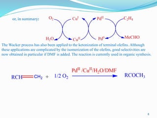or, in summary:
The Wacker process has also been applied to the ketonization of terminal olefins. Although
these applications are complicated by the isomerization of the olefins, good selectivities are
now obtained in particular if DMF is added. The reaction is currently used in organic synthesis.
6
 