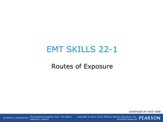 Prehospital Emergency Care, 10th
edition
Mistovich | Karren
Copyright © 2014, 2010, 2008 by Pearson Education, Inc.
All Rights Reserved
EMT SKILLS 22-1
Routes of Exposure
continued on next slide
 