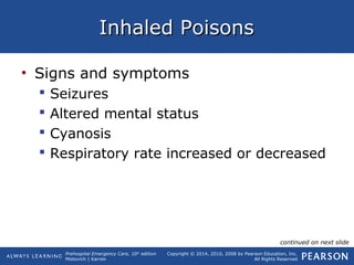 Prehospital Emergency Care, 10th
edition
Mistovich | Karren
Copyright © 2014, 2010, 2008 by Pearson Education, Inc.
All Rights Reserved
Inhaled PoisonsInhaled Poisons
• Signs and symptoms
 Seizures
 Altered mental status
 Cyanosis
 Respiratory rate increased or decreased
continued on next slide
 