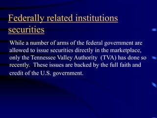 Federally related institutions
securities
While a number of arms of the federal government are
allowed to issue securities directly in the marketplace,
only the Tennessee Valley Authority (TVA) has done so
recently. These issues are backed by the full faith and
credit of the U.S. government.
 