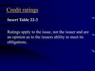 Credit ratings
Insert Table 22-3
Ratings apply to the issue, not the issuer and are
an opinion as to the issuers ability to meet its
obligations.
 