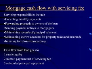 Mortgage cash flow with servicing fee
Servicing responsibilities include
•Collecting monthly payments
•Forwarding proceeds to owners of the loan
•Sending payment notices to mortgagors
•Maintaining records of principal balances
•Maintaining escrow accounts for property taxes and insurance
•Initiating foreclosure proceedings
Cash flow from loan goes to
1.servicing fee
2.interest payment net of servicing fee
3.scheduled principal repayment
 
