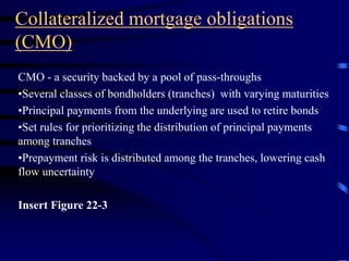 Collateralized mortgage obligations
(CMO)
CMO - a security backed by a pool of pass-throughs
•Several classes of bondholders (tranches) with varying maturities
•Principal payments from the underlying are used to retire bonds
•Set rules for prioritizing the distribution of principal payments
among tranches
•Prepayment risk is distributed among the tranches, lowering cash
flow uncertainty
Insert Figure 22-3
 