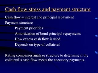 Cash flow stress and payment structure
Cash flow = interest and principal repayment
Payment structure
Payment priorities
Amortization of bond principal repayments
How excess cash flow is used
Depends on type of collateral
Rating companies analyze structure to determine if the
collateral’s cash flow meets the necessary payments.
 