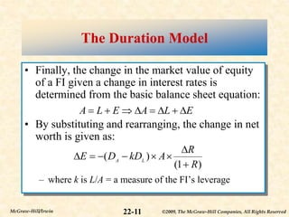 ©2009, The McGraw-Hill Companies, All Rights Reserved
22-11
McGraw-Hill/Irwin
The Duration Model
• Finally, the change in the market value of equity
of a FI given a change in interest rates is
determined from the basic balance sheet equation:
• By substituting and rearranging, the change in net
worth is given as:
– where k is L/A = a measure of the FI’s leverage
E
L
A
E
L
A 







)
1
(
)
(
R
R
A
kD
D
E L
A








 
