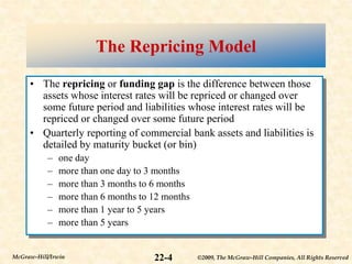 ©2009, The McGraw-Hill Companies, All Rights Reserved
22-4
McGraw-Hill/Irwin
The Repricing Model
• The repricing or funding gap is the difference between those
assets whose interest rates will be repriced or changed over
some future period and liabilities whose interest rates will be
repriced or changed over some future period
• Quarterly reporting of commercial bank assets and liabilities is
detailed by maturity bucket (or bin)
– one day
– more than one day to 3 months
– more than 3 months to 6 months
– more than 6 months to 12 months
– more than 1 year to 5 years
– more than 5 years
 