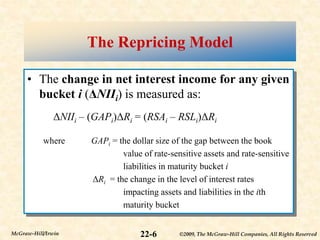 ©2009, The McGraw-Hill Companies, All Rights Reserved
22-6
McGraw-Hill/Irwin
The Repricing Model
• The change in net interest income for any given
bucket i (ΔNIIi) is measured as:
ΔNIIi – (GAPi)ΔRi = (RSAi – RSLi)ΔRi
where GAPi = the dollar size of the gap between the book
value of rate-sensitive assets and rate-sensitive
liabilities in maturity bucket i
ΔRi = the change in the level of interest rates
impacting assets and liabilities in the ith
maturity bucket
 