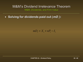 CHAPTER 22 – Dividend Policy 22 - 44
M&M’s Dividend Irrelevance TheoremM&M’s Dividend Irrelevance Theorem
M&M, Dividends, and Firm ValueM&M, Dividends, and Firm Value
• Solving for dividends paid out (Solving for dividends paid out (mDmD11 ):):
1111 InPXmD −+=
 