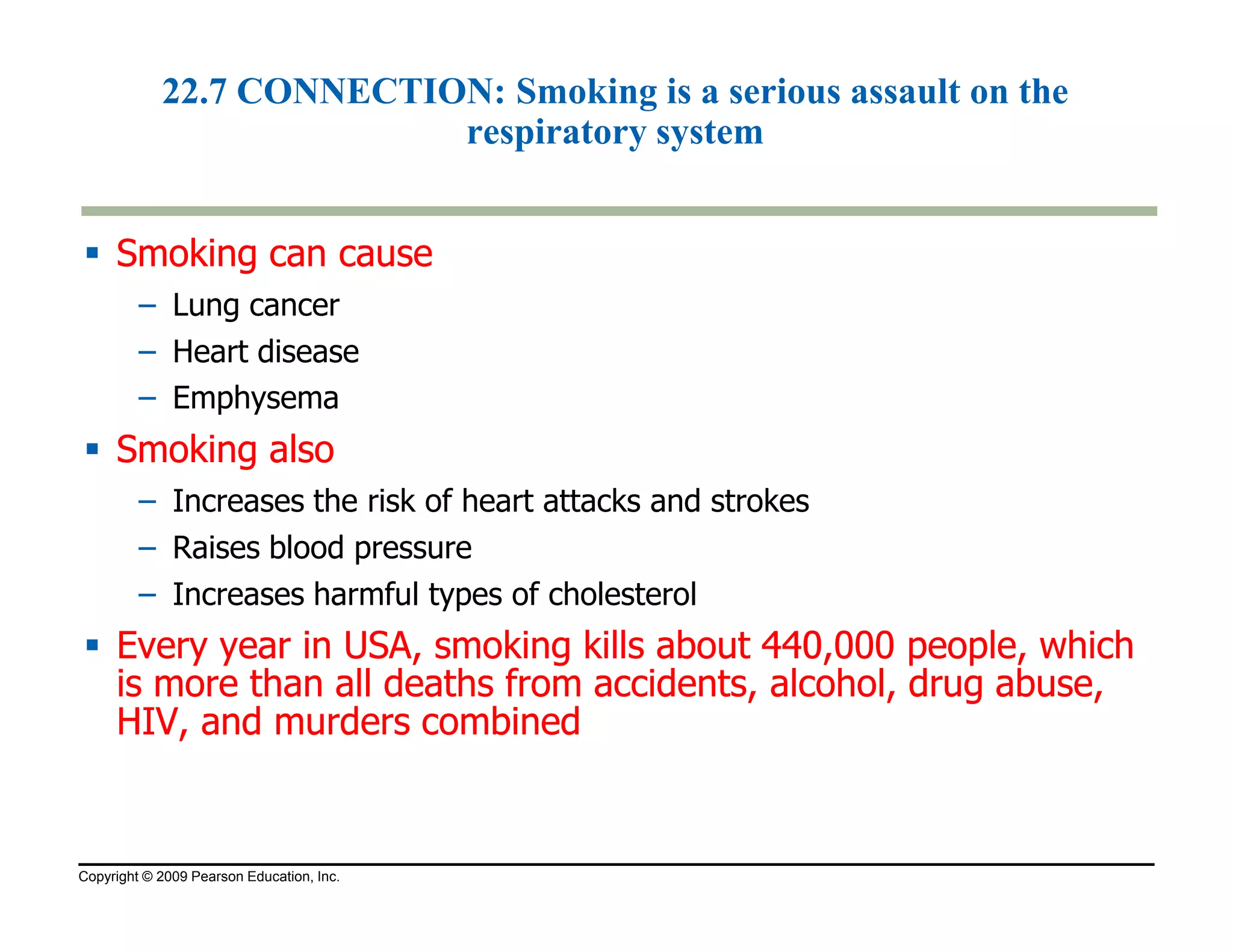 22.7 CONNECTION: Smoking is a serious assault on the 
respiratory system 
 SSmmookkiinngg ccaann ccaauussee 
– Lung cancer 
– Heart disease 
– Emphysema 
 SSmmookkiinngg aallssoo 
– Increases the risk of heart attacks and strokes 
– Raises blood pressure 
– Increases harmful types of cholesterol 
 EEvveerryy yyeeaarr iinn UUSSAA,, ssmmookkiinngg kkiillllss aabboouutt 444400,000000 ppeeooppllee,, wwhhiicchh 
iiss mmoorree tthhaann aallll ddeeaatthhss ffrroomm aacccciiddeennttss,, aallccoohhooll,, ddrruugg aabbuussee,, 
HHIIVV,, aanndd mmuurrddeerrss ccoommbbiinneedd 
Copyright © 2009 Pearson Education, Inc. 
 