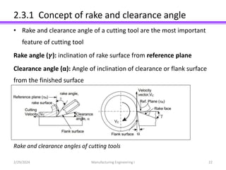 2.3.1 Concept of rake and clearance angle
• Rake and clearance angle of a cutting tool are the most important
feature of cutting tool
Rake angle (𝜸): inclination of rake surface from reference plane
Clearance angle (α): Angle of inclination of clearance or flank surface
from the finished surface
Rake and clearance angles of cutting tools
2/29/2024 Manufacturing Engineering I 22
 