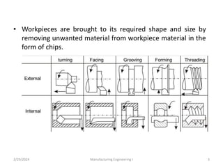 • Workpieces are brought to its required shape and size by
removing unwanted material from workpiece material in the
form of chips.
2/29/2024 Manufacturing Engineering I 3
 