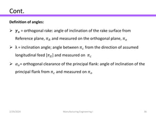 Cont.
Definition of angles:
 𝜸𝒐 = orthogonal rake: angle of inclination of the rake surface from
Reference plane, 𝜋𝑅 and measured on the orthogonal plane, 𝜋𝑜
 λ = inclination angle; angle between 𝜋𝑐 from the direction of assumed
longitudinal feed [𝜋𝑋] and measured on 𝜋𝑐
 𝛼𝑜= orthogonal clearance of the principal flank: angle of inclination of the
principal flank from 𝜋𝑐 and measured on 𝜋𝑜
2/29/2024 Manufacturing Engineering I 36
 