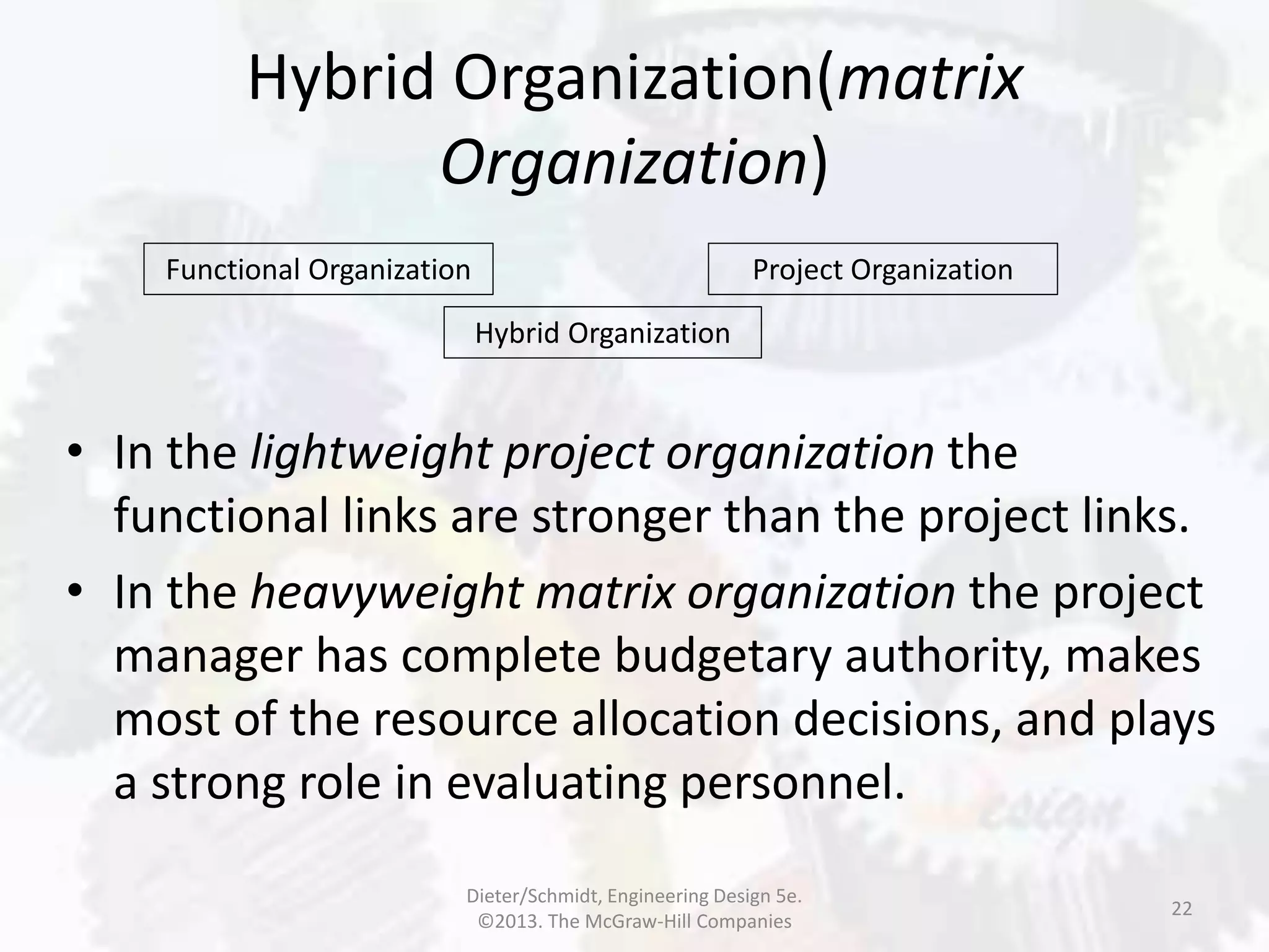 Hybrid Organization(matrix
Organization)
22
Functional Organization Project Organization
Hybrid Organization
• In the lightweight project organization the
functional links are stronger than the project links.
• In the heavyweight matrix organization the project
manager has complete budgetary authority, makes
most of the resource allocation decisions, and plays
a strong role in evaluating personnel.
Dieter/Schmidt, Engineering Design 5e.
©2013. The McGraw-Hill Companies
 