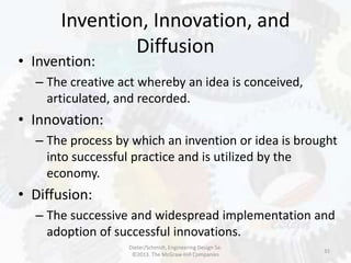 Invention, Innovation, and
Diffusion
31
• Invention:
– The creative act whereby an idea is conceived,
articulated, and recorded.
• Innovation:
– The process by which an invention or idea is brought
into successful practice and is utilized by the
economy.
• Diffusion:
– The successive and widespread implementation and
adoption of successful innovations.
Dieter/Schmidt, Engineering Design 5e.
©2013. The McGraw-Hill Companies
 