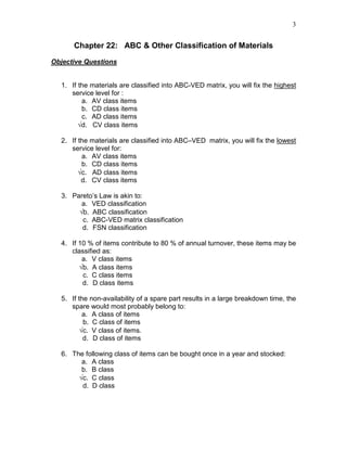 3
Chapter 22: ABC & Other Classification of Materials
Objective Questions
1. If the materials are classified into ABC-VED matrix, you will fix the highest
service level for :
a. AV class items
b. CD class items
c. AD class items
√d. CV class items
2. If the materials are classified into ABC–VED matrix, you will fix the lowest
service level for:
a. AV class items
b. CD class items
√c. AD class items
d. CV class items
3. Pareto’s Law is akin to:
a. VED classification
√b. ABC classification
c. ABC-VED matrix classification
d. FSN classification
4. If 10 % of items contribute to 80 % of annual turnover, these items may be
classified as:
a. V class items
√b. A class items
c. C class items
d. D class items
5. If the non-availability of a spare part results in a large breakdown time, the
spare would most probably belong to:
a. A class of items
b. C class of items
√c. V class of items.
d. D class of items
6. The following class of items can be bought once in a year and stocked:
a. A class
b. B class
√c. C class
d. D class
 