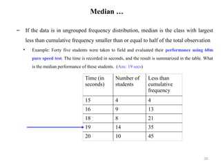 Median …
– If the data is in ungrouped frequency distribution, median is the class with largest
less than cumulative frequency smaller than or equal to half of the total observation
• Example: Forty five students were taken to field and evaluated their performance using 60m
pure speed test. The time is recorded in seconds, and the result is summarized in the table. What
is the median performance of these students. (Ans: 19 secs)
20
Time (in
seconds)
Number of
students
Less than
cumulative
frequency
15 4 4
16 9 13
18 8 21
19 14 35
20 10 45
 