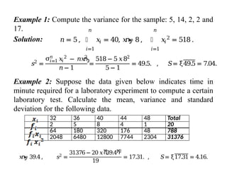 Example 1: Compute the variance for the sample: 5, 14, 2, 2 and
17.
Solution:
Example 2: Suppose the data given below indicates time in
minute required for a laboratory experiment to compute a certain
laboratory test. Calculate the mean, variance and standard
deviation for the following data.
𝑛 = 5, ෍ 𝑥𝑖 = 40,
𝑛
𝑖=1
𝑥
ҧ
= 8, ෍ 𝑥𝑖
2
𝑛
𝑖=1
= 518.
𝑠2
=
σ 𝑥𝑖
2
− 𝑛𝑥
ҧ
2
𝑛
𝑖=1
𝑛− 1
=
518− 5𝑥82
5− 1
= 49.5. , 𝑆= ξ49.5 = 7.04.
32 36 40 44 48 Total
2 5 8 4 1 20
64 180 320 176 48 788
2048 6480 12800 7744 2304 31376
𝑥
ҧ
= 39.4, 𝑠2
=
31376− 20𝑥ሺ
39.4ሻ
2
19
= 17.31. , 𝑆= ξ17.31 = 4.16.
 