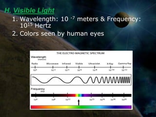 H. Visible Light
  1. Wavelength: 10 -7 meters & Frequency:
     1015 Hertz
  2. Colors seen by human eyes
 