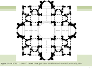 Figure 22-6  DONATO D’ANGELO BRAMANTE, plan for the new Saint Peter’s, the Vatican, Rome, Italy, 1505.  