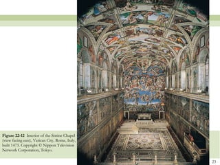 Figure 22-12  Interior of the Sistine Chapel (view facing east), Vatican City, Rome, Italy, built 1473. Copyright © Nippon Television Network Corporation, Tokyo.  