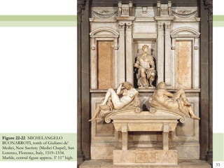 Figure 22-22  MICHELANGELO BUONARROTI, tomb of Giuliano de’ Medici, New Sacristy (Medici Chapel), San Lorenzo, Florence, Italy, 1519–1534. Marble, central figure approx. 5’ 11” high.  