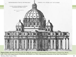 Figure 22-30  MICHELANGELO BUONARROTI, drawing of south elevation of Saint Peter’s, Vatican City, Rome, Italy, 1546–1564 (engraving by ÉTIENNE DUPÉRAC, ca. 1569). Metropolitan Museum of Art, New York (Harris Brisbane Dick Fund, 1941).  