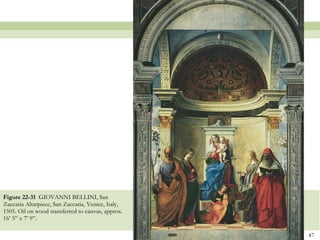 Figure 22-31  GIOVANNI BELLINI, San Zaccaria Altarpiece, San Zaccaria, Venice, Italy, 1505. Oil on wood transferred to canvas, approx. 16’ 5” x 7’ 9”.  