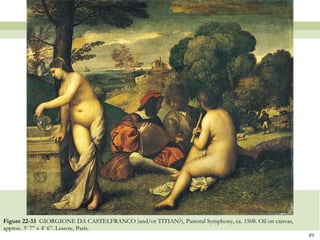 Figure 22-33  GIORGIONE DA CASTELFRANCO (and/or TITIAN?), Pastoral Symphony, ca. 1508. Oil on canvas, approx. 3’ 7” x 4’ 6”. Louvre, Paris.  