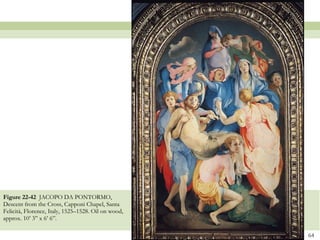 Figure 22-42  JACOPO DA PONTORMO, Descent from the Cross, Capponi Chapel, Santa Felicità, Florence, Italy, 1525–1528. Oil on wood, approx. 10’ 3” x 6’ 6”.  