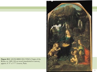 Figure 22-1  LEONARDO DA VINCI, Virgin of the Rocks, ca. 1485. Oil on wood (transferred to canvas), approx. 6’ 3” x 3’ 7”. Louvre, Paris.  
