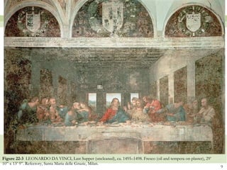 Figure 22-3  LEONARDO DA VINCI, Last Supper (uncleaned), ca. 1495–1498. Fresco (oil and tempera on plaster), 29’ 10” x 13’ 9”. Refectory, Santa Maria delle Grazie, Milan.  