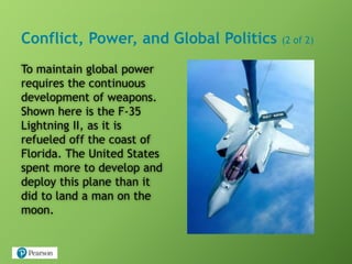 Conflict, Power, and Global Politics (2 of 2)
To maintain global power
requires the continuous
development of weapons.
Shown here is the F-35
Lightning II, as it is
refueled off the coast of
Florida. The United States
spent more to develop and
deploy this plane than it
did to land a man on the
moon.
 