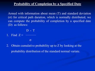 Probability of Completion by a Specified Date
Armed with information about mean (T) and standard deviation
() for critical path duration, which is normally distributed, we
can compute the probability of completion by a specified date
(D) as follows:
D - T
1. Find Z =

2. Obtain cumulative probability up to Z by looking at the
probability distribution of the standard normal variate.
 