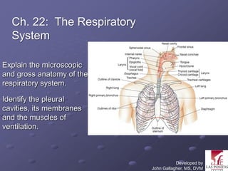 Ch. 22: The Respiratory
  System

Explain the microscopic
and gross anatomy of the
respiratory system.

Identify the pleural
cavities, its membranes
and the muscles of
ventilation.



                                       Developed by
                            John Gallagher, MS, DVM
 