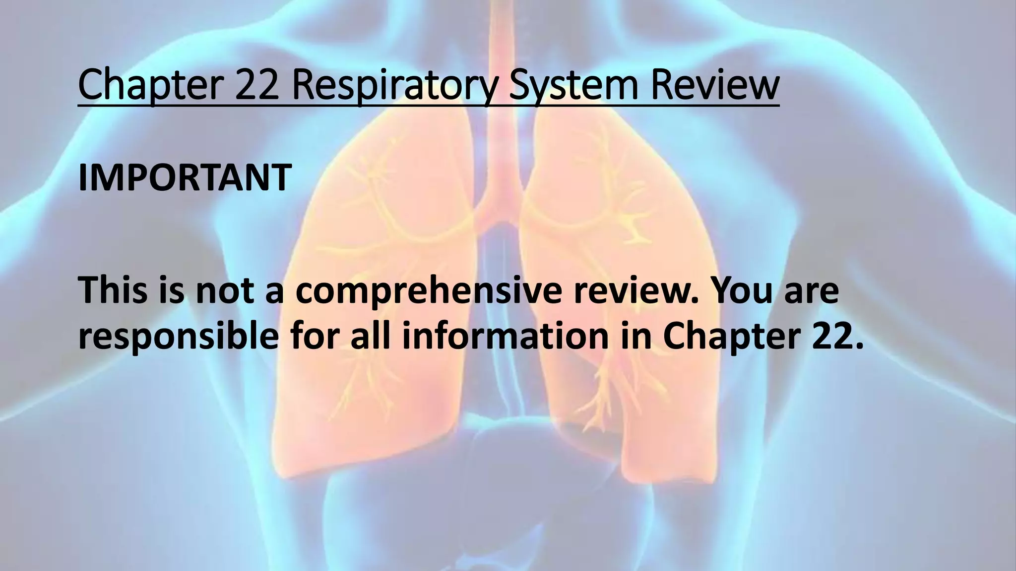 Chapter 22 Respiratory System Review
IMPORTANT
This is not a comprehensive review. You are
responsible for all information in Chapter 22.