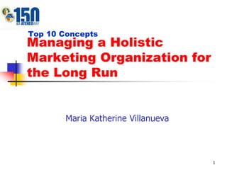 Top 10 Concepts
Managing a Holistic
Marketing Organization for
the Long Run


        Maria Katherine Villanueva



                                     1
 