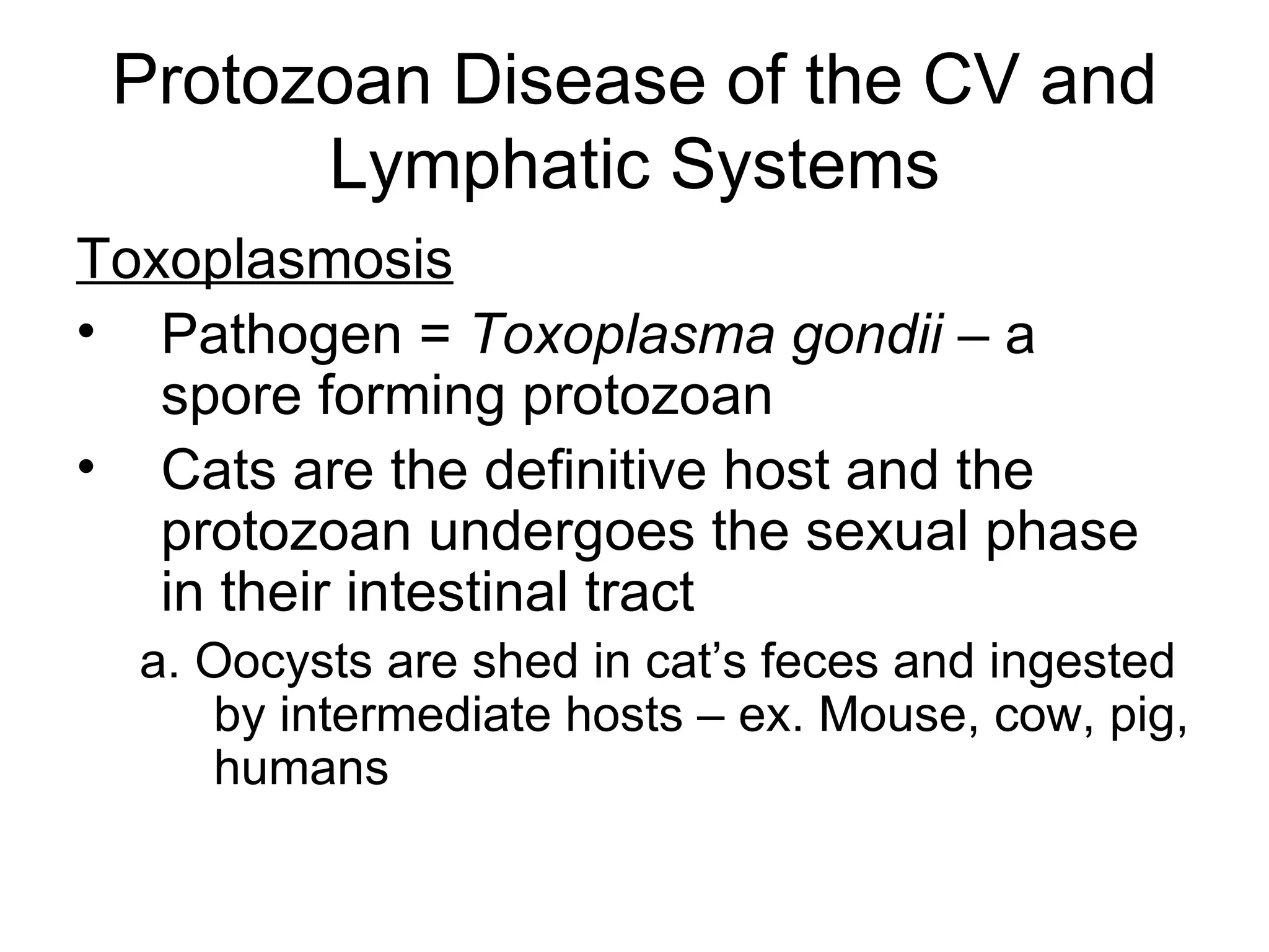 Protozoan Disease of the CV and Lymphatic Systems Toxoplasmosis Pathogen =  Toxoplasma gondii  – a spore forming protozoan Cats are the definitive host and the protozoan undergoes the sexual phase in their intestinal tract a. Oocysts are shed in cat’s feces and ingested by intermediate hosts – ex. Mouse, cow, pig, humans 