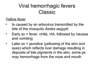 Viral hemorrhagic fevers Classic Yellow fever Is caused by an arbovirus transmitted by the bite of the mosquito  Aedes aegypti Early sx = fever, chills, HA, followed by nausea and vomiting Later sx = jaundice (yellowing of the skin and eyes) which reflects liver damage resulting in deposits of bile pigments in the skin, some px may hemorrhage from the nose and mouth 