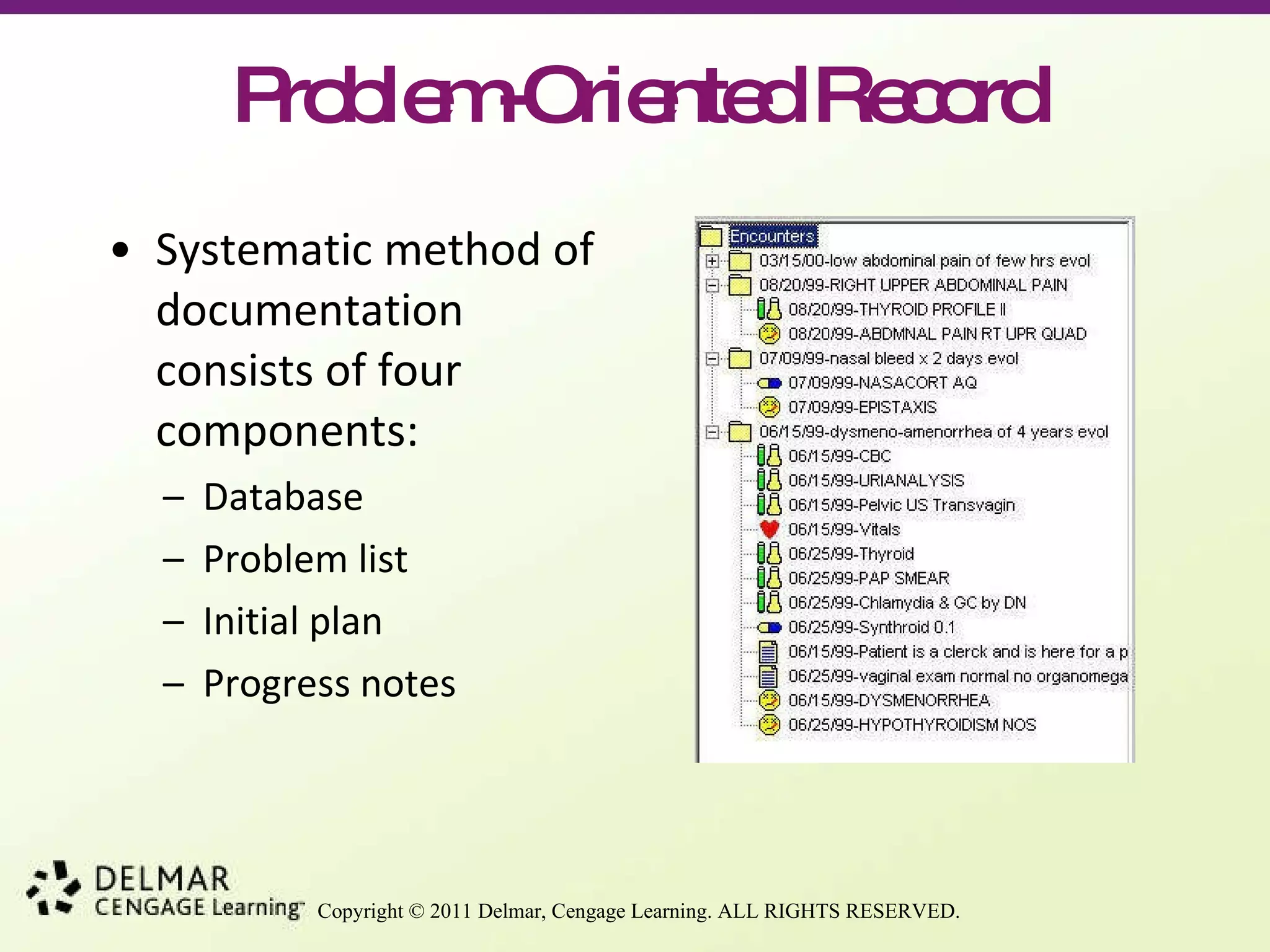 Problem-Oriented Record Systematic method of documentation consists of four components: Database Problem list Initial plan Progress notes 
