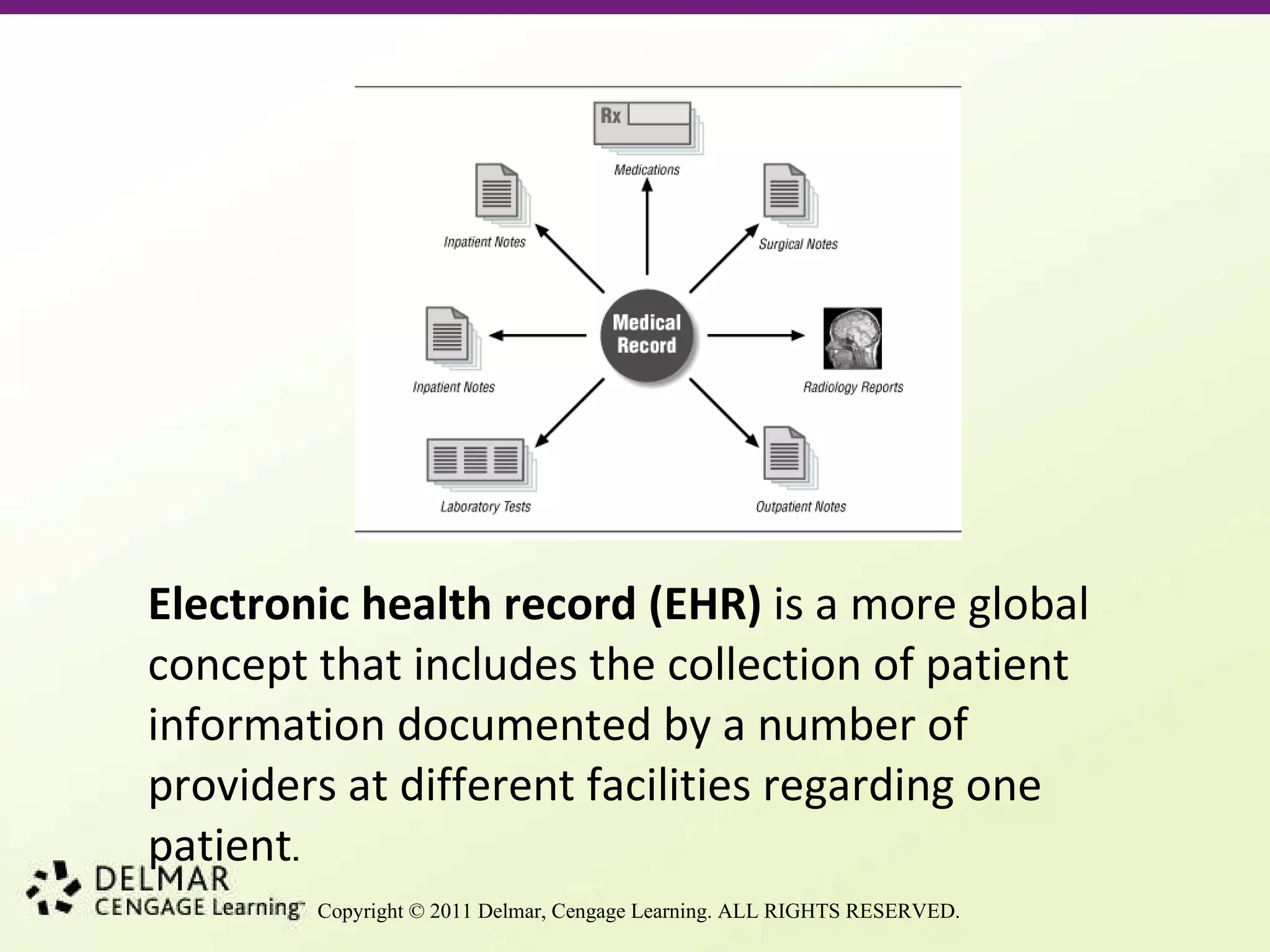 Electronic health record (EHR)  is a more global concept that includes the collection of patient information documented by a number of providers at different facilities regarding one patient . 