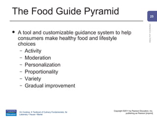 The Food Guide Pyramid                                                                                  25




                                                                                                HEALTHY COOKING
   A tool and customizable guidance system to help
    consumers make healthy food and lifestyle
    choices
     – Activity
     – Moderation
     – Personalization
     – Proportionality
     – Variety
     – Gradual improvement




                                                          Copyright ©2011 by Pearson Education, Inc.
    On Cooking: A Textbook of Culinary Fundamentals, 5e
                                                                      publishing as Pearson [imprint]
    Labensky • Hause • Martel
 