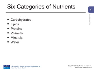 Six Categories of Nutrients                                                                                   6




                                                                                                HEALTHY COOKING
   Carbohydrates
   Lipids
   Proteins
   Vitamins
   Minerals
   Water




                                                          Copyright ©2011 by Pearson Education, Inc.
    On Cooking: A Textbook of Culinary Fundamentals, 5e
                                                                      publishing as Pearson [imprint]
    Labensky • Hause • Martel
 
