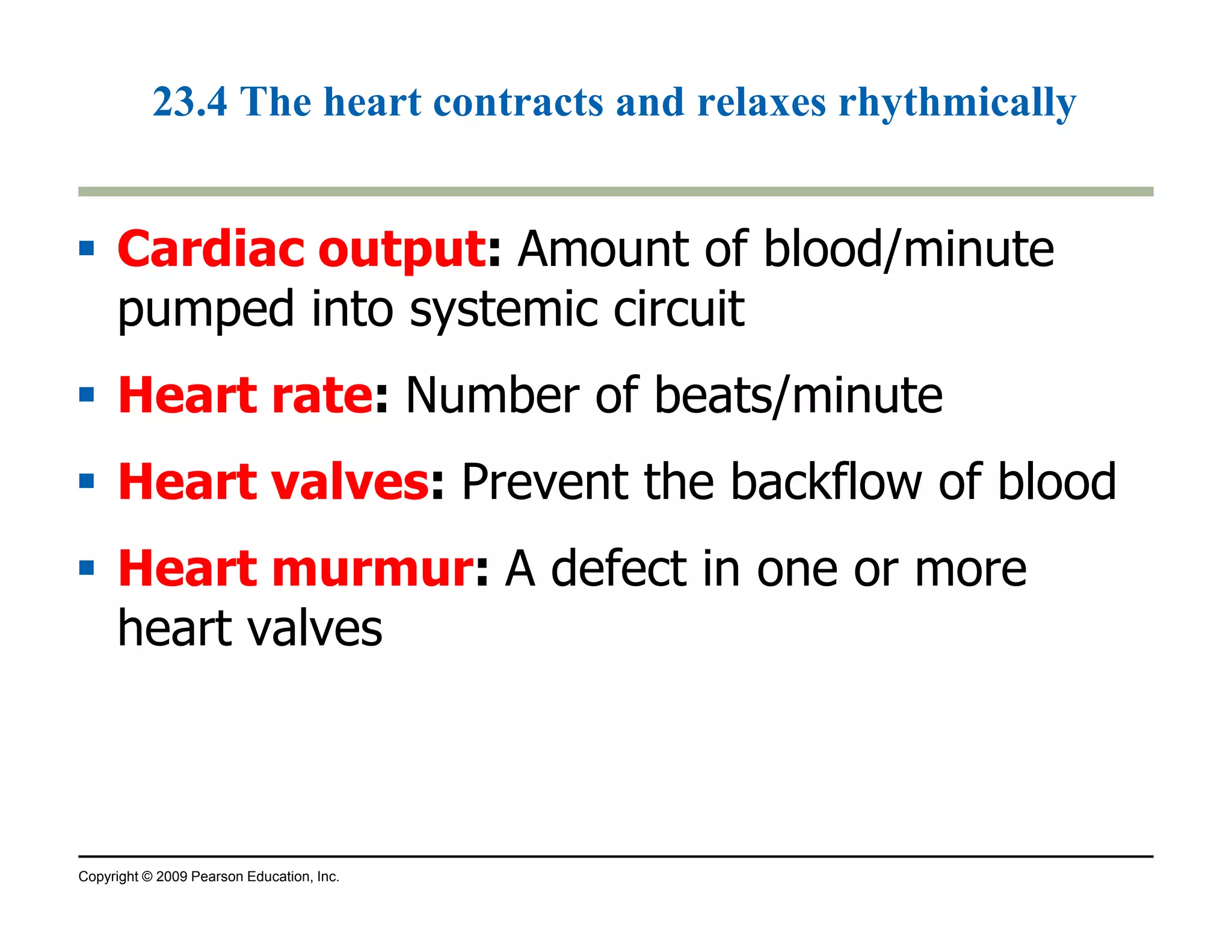 23.4 The heart contracts and relaxes rhythmically 
 Cardiac output: Amount of blood/minute 
pumped into systemic circuit 
 Heart rate: Number of beats/minute 
 Heart valves: Prevent the backflow of blood 
 Heart murmur: A defect in one or more 
heart valves 
Copyright © 2009 Pearson Education, Inc. 
 